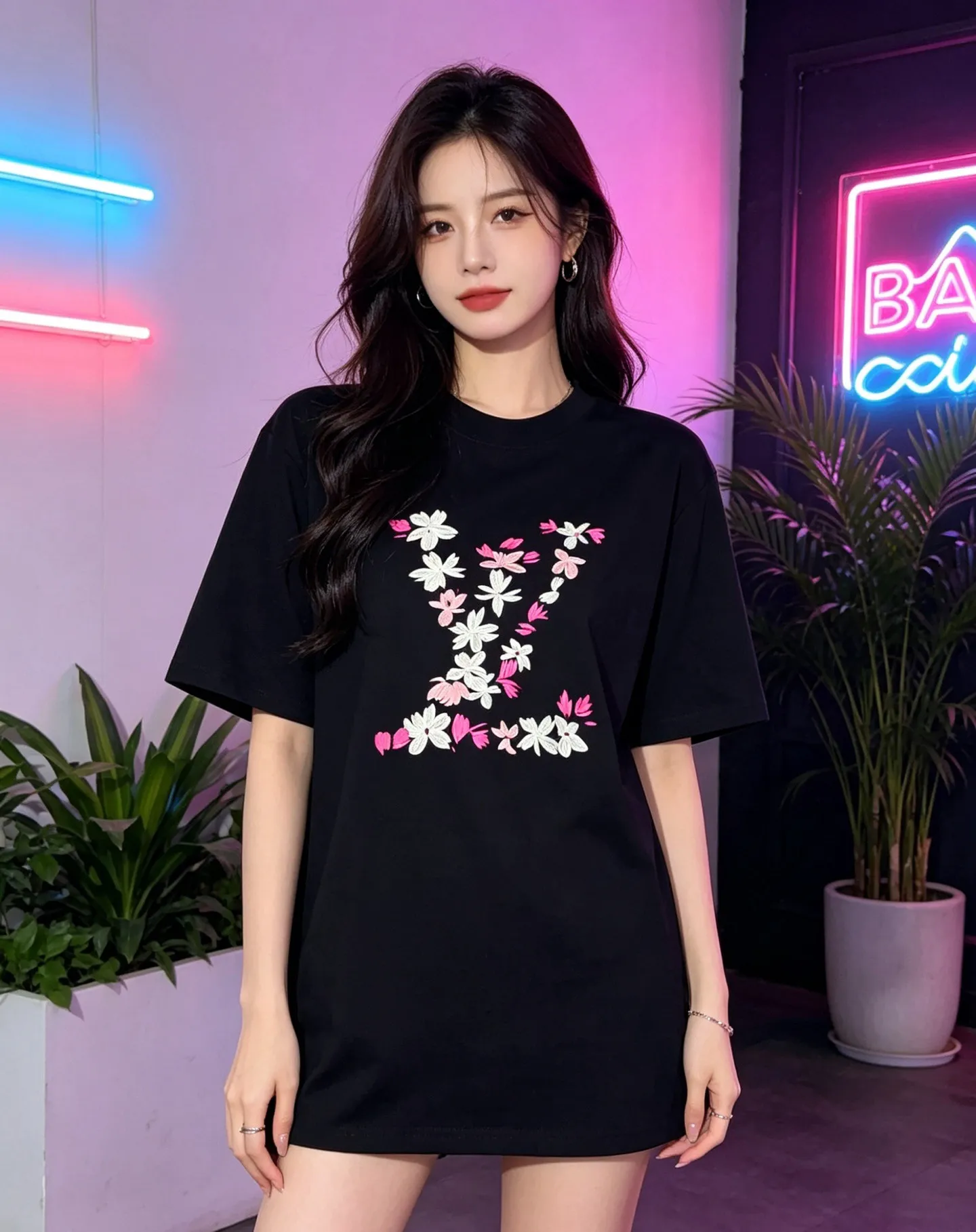 Louis Vuitton/Louis Vuitton 26ss cherry blossom embroidered LV logo short sleeves